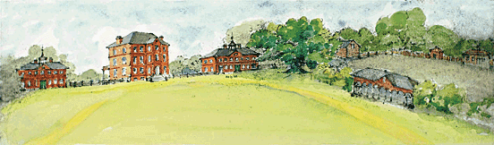 Fig. 1: Western View of Middleton Place, built in 1755. Original pencil sketch by Countess Paolina Bentivoglio Middleton (Mrs. Arthur Middleton) (d. 1883), ca. 1842. Image shown here is a colorized Glicée done in the 21st century by a family artist. Courtesy, Middleton Place Foundation, Charleston, South Carolina. The sketch shows the original main house, ca. 1705, with its north and south flankers, ca. 1755, stables, and other outbuildings.  