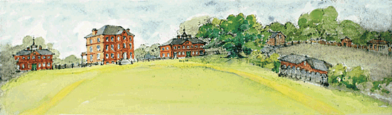 Fig. 1: Western View of Middleton Place, built in 1755. Original pencil sketch by Countess Paolina Bentivoglio Middleton (Mrs. Arthur Middleton) (d. 1883), ca. 1842. Image shown here is a colorized Glicée done in the 21st century by a family artist. Courtesy, Middleton Place Foundation, Charleston, South Carolina. The sketch shows the original main house, ca. 1705, with its north and south flankers, ca. 1755, stables, and other outbuildings. 