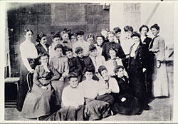 Fig. 1: Tiffany Girls (Clara Driscoll at the far left) on the roof of Tiffany Studios, 1904-1905. The Charles Hosmer Morse Museum of American Art, Winter Park, FL. Copyright The Charles Hosmer Morse Foundation, Inc. Clara Driscoll and the Tiffany Girls: The Women of Tiffany Studios by Margaret K. Hofer, Nina Gray, and Martin Eidelberg