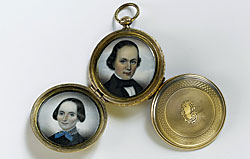Attributed to Mrs. Moses B. Russell (1809-1854), Hiram Stinson, Aurelia Dinsmore Stinson, Ella Stinson, Adelaide Stinson, Boston, Ma., 1848. Watercolor on ivory in original gold-filled locket. D: 1-1/8 in. Made for Love: Selections from the Jane Katcher Collection of Americana by Erin E. Eisenbarth
