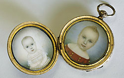 Attributed to Mrs. Moses B. Russell (1809-1854), Hiram Stinson, Aurelia Dinsmore Stinson, Ella Stinson, Adelaide Stinson, Boston, Ma., 1848. Watercolor on ivory in original gold-filled locket. D: 1-1/8 in. Made for Love: Selections from the Jane Katcher Collection of Americana by Erin E. Eisenbarth