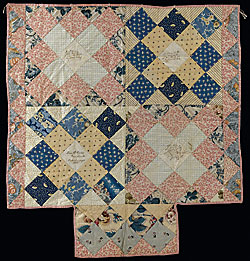 Doll's quilt for Alma D. Crane, Somerville or Cambridge, Ma., 1853. Cotton and printed cotton fabrics. 21-1/2 x 23-1/2 inches. Made for Love: Selections from the Jane Katcher Collection of Americana by Erin E. Eisenbarth