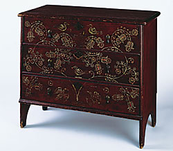 Attributed to Robert Crosman (1709-1799), lift-top chest with drawer, Taunton, Ma., 1731. White pine, iron cotter-pin hinges, cast brass pulls and escutcheons with bright-cut engraving, original painted decoration. H. 32, W. 35-1/2, D. 17-1/4 in. Made for Love: Selections from the Jane Katcher Collection of Americana by Erin E. Eisenbarth