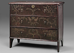 Fig. 3: Attributed to Robert Crosman (1707-1799), chest with drawer, Taunton, Massachusetts, about 1727. Painted pine, brass. H. 32-1/2, W. 37-1/2, D. 17-3/4 in. Museum of Fine Arts, Boston; bequest of Charles Hitchcock Tyler (32.215). A Taunton Chest Redivivus by Gerald W.R. Ward