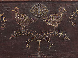 Fig. 4: Detail of painted birds on the front of the MFA chest illustrated in fig. 3. A Taunton Chest Redivivus by Gerald W.R. Ward