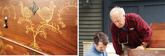 TOP LEFT: Once dried, the chest is covered in a coat of polyurethane to protect the surface.
RIGHT: Russ and Norm review the completed lift-top chest.
BOTTOM LEFT: The lift top and the alternative chest of drawers. Hands-On: A Taunton Chest Revisited by Johanna McBrien