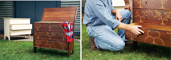 TOP LEFT: Once dried, the chest is covered in a coat of polyurethane to protect the surface.
RIGHT: Russ and Norm review the completed lift-top chest.
BOTTOM LEFT: The lift top and the alternative chest of drawers. Hands-On: A Taunton Chest Revisited by Johanna McBrien
