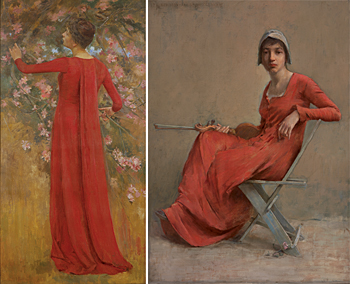 LEFT: Fig. 3: Theodore Robinson (1852-1896), The Red Gown (His Favorite Model), ca. 1885. Oil on canvas, 75-1/2 x 38-1/2 inches. Courtesy Spanierman Gallery, New York.; RIGHT: Fig. 4: Theodore Robinson (1852-1896), Reverie (Young Woman with Violin and Rose), 1886. Oil on canvas, 39-1/2 x 28-1/2 inches. Courtesy Adelson Galleries, New York. Fine Art as an Investment: Theodore Robinson (1852-1896) by Lisa Bush Hankin