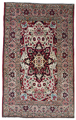 Persian Kirman, late 19th century.
Wool. 6 ft. 7 in. x 4 ft. 4 in.
Courtesy of Fine Arts Rug, Brookline, MA. Green Your Home With Antiques: Investing in Antique Rugs Can Benefit Your Health and the Environment by David Ruggiero