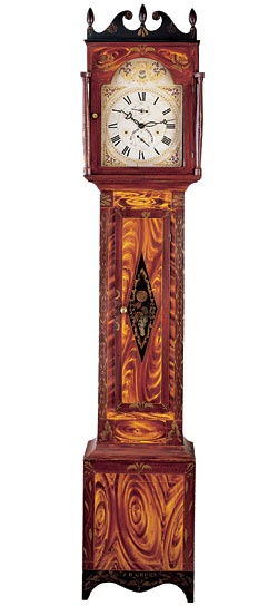 Click for Enlarged Version Tall case clock, ca. 1835. Decorated by J. D. Green, Montgomery (now Fulton) Co., New York; movement by Silas Hoadley (American, 1786-1870), Plymouth, Connecticut. Painted and stenciled white pine and movements. Lent by a private collection. Photography by Gavin Ashworth.