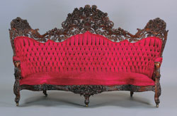 Sofa, ca. 1850, attributed to John Henry Belter (American, b. Germany, 1804-1863), New York, NY.Rosewood, rosewood laminate, and modern velvet upholstery. Milwaukee Art Museum, bequest of Mary Jane Rayniak in memory of Mr. and Mrs. Joseph G. Rayniak. M1987.16. Photography by Larry Sanders.