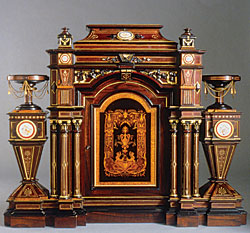 Parlor cabinet, 1860-1870, attributed to Alexander Roux (American, active 1847-1881), New York, NY. Wood with inlays, porcelain, gilding, and gilt metal. Milwaukee Art Museum; bequest of Mary Jane Rayniak, in memory of Mr. and Mrs. Joseph G. Rayniak, M1985.58. Photo Larry Sanders.