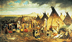 Click for Enlarged Version Fig. 10: Jules Tavernier (1844-1889), A Sioux Encampment, ca. 1884. Oil on canvas. 41 x 69 inches. Courtesy of Oakland Museum, Kahn Collection, Oakland, California.