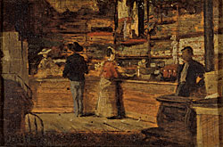 Click for Enlarged Version Fig. 3: Jules Tavernier (1844-1889), Trading Post of J. S. Collins, 1874. Oil on wood. 4-3/4 x 7-1/2 inches. Courtesy of Honeyman Collection, Bancroft Library, U.C. Berkeley.