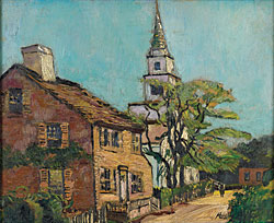 Click Here for Enlarged Version Richard Hayley Lever (1876-1958), Summer Street, ca. 1936. Oil on board, 9-3/4 x 12 inches. Signed lower right corner. Collection of the Nantucket Historical Association; gift of the Friends of the Nantucket Historical Association. 1996.5.1.