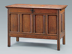 Fig. 2: Joined chest, probably Marshfield, Ma., 1630-1700. Red oak, pine, iron handles. H. 33-1/8, W. 44, D. 21-1/8 in. Lent by Licut Henry Lee Watson. Courtesy of the Museum of Fine Arts, Boston.