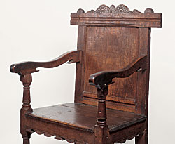 Click Here for Enlarged Version Fig. 3: Wainscot chair, Plymouth or Marshfield, Ma, ca. 1630-1645. Red oak. H. 41-1/2, W. 24, D. 16-1/2 in. Gift of Abby Frothingham Winslow, 1882. Courtesy of Pilgrim Hall Museum, Plymouth, Ma. PHM 944. Photography by J. David Bohl.