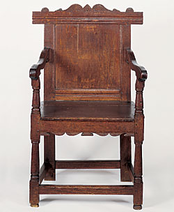 Fig. 3: Wainscot chair, Plymouth or Marshfield, Ma, ca. 1630-1645. Red oak. H. 41-1/2, W. 24, D. 16-1/2 in. Gift of Abby Frothingham Winslow, 1882. Courtesy of Pilgrim Hall Museum, Plymouth, Ma. PHM 944. Photography by J. David Bohl.