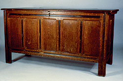 Click Here for Enlarged Version Fig. 6: Joined chest, Scituate/Marshfield, Ma, 1680-1700. Red oak, northern white cedar, white pine. H. 27-5/8, W. 52-3/4, D. 20-5/8 in. Gift of Mrs. Stephen H. Nash in memory of Chauncy C. Nash. Courtesy of Historic New England, 1971.372.