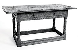 Click Here for Enlarged Version Fig. 7: Table with drawer, probably Marshfield, Ma, 1650-1700. Oak, ash and white pine. H. 23, W. of frame 34-3/4, D. of frame 18 in. Courtesy of the National Museum of American History, Smithsonian Institution, Behring Center, Washington, D.C.