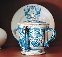 Click Here for Enlarged Version Posset Pot, 1628-1651. Southwark, Montague Close, or Pickleherring Pottery, London, England. Tin-glazed earthenware, 8-1/4 x 9-3/4 x 7-1/2 inches (21 x 24.8 x 19.1 cm). The Bayou Bend Collection; gift of Katharine Prentis Murphy. B.59.128. Photography by Miguel Flores-Vianna.