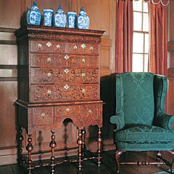 Click Here for Enlarged Version High Chest of Drawers, 1700-1730, Boston. Black walnut, burled walnut veneer, brass; aspen, birch, eastern white pine, hemlock, soft maple, 68-1/4 x 40-1/4 x 22-1/4 inches (173.4 x 102.2 x 56.5 cm). The Bayou Bend Collection; gift of Miss Ima Hogg. B.69.43. Photography by Miguel Flores-Vianna.