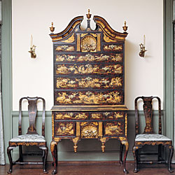 Click Here for Enlarged Version High Chest of Drawers, 1730-1760, Boston. Paint, gesso, gold leaf, eastern white pine, soft maple, brass; eastern white pine, 87 x 41-1/2 x 23 inches (221 x 105.4 x 58.4 cm). The Bayou Bend Collection; gift of Miss Ima Hogg, B.69.348. Photography by Miguel Flores-Vianna.