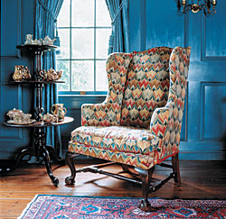 Click Here for Enlarged Version Easy Chair, 1750-1800, Eastern Massachusetts. Mahogany, original wool show cover; birch, soft maple, unidentified secondary woods, original upholstery foundation, 45-1/2 x 32-3/4 x 31-3/4 inches (115.6 x 83.2 x 80.6 cm). The Bayou Bend Collection; gift of Miss Ima Hogg, B.60.89. Photography by Miguel Flores-Vianna.