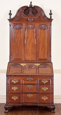 Click Here for Enlarged Version Desk-and-Bookcase, 1755-1800, Newport. Mahogany, brass; cedrela odorata, chestnut, eastern white pine, poplar, red cedar, soft maple, white oak, 99-3/4 x 44-1/4 x 26-1/4 inches (253.4 x 112.4 x 66.7 cm). The Bayou Bend Collection; gift of Miss Ima Hogg, B.69.22. Photography by Thomas R. DuBrock.