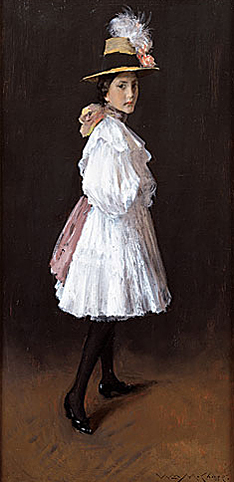 Fig. 8: Alice on Sunday, 1896. Inscribed, dated, and signed "To my friend Dr. Fisher from his friend/ Xmas, 1896/ Wm. M. Chase" at lower right. Oil on panel, 24 x 12 inches. Private collection.