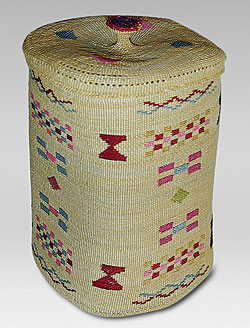 Click Here for Enlarged View Aleutian Lidded Basket, circa 1900-1920. Rye grass and silk. H. 3-1/2 in. (to the top of the knob), Diam. 2-1/4 in. Courtesy of Marcy Burns American Indian Arts. Sold for approximately $6,000.