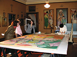 Click Here for Enlarged View Conservators, historians, and museum scientists discuss sampling Henri Matisse's Joy of Life (1906) at the Barnes Foundation, Merion, Pa.
