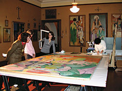 Conservators, historians, and museum scientists discuss sampling Henri Matisse's Joy of Life (1906) at the Barnes Foundation, Merion, Pa.  