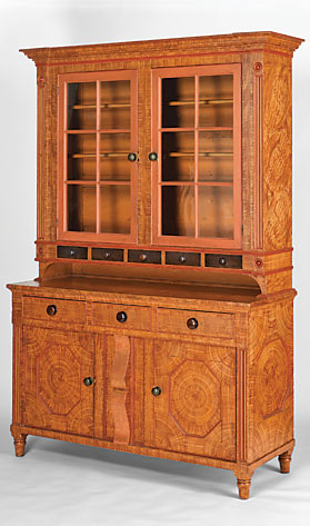 Fig. 13: Kitchen cupboard by Jacob Blatt (1801–1878), Bern (now Centre) Township, Berks County, Pennsylvania, 1848. Tulip-poplar, maple, white pine, paint, brass, iron, glass. H. 82-3/4, W. 58-1/2, D. 20 in. Winterthur Museum purchase with funds drawn from the Centenary Fund and acquired through the bequest of Henry Francis du Pont (2008.28).