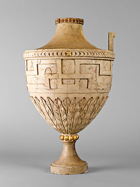 Fig. 9: Urn attributed to Johann Friedrich Bourquin (1762–1830), Bethlehem, Northampton County, Pennsylvania, 1803–1806. Tulip-poplar, paint, gold leaf. H. 27, Diam. 16 in. Central Moravian Church, Bethlehem, Pa.