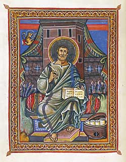 Fig. 2: The Evangelist Luke, Gospel Book, in Latin, France, Reims, ca. 860. 12 x 10-1/4 inches. Purchased by J. P. Morgan, Jr., 1927, MS M.728 (fol. 94v).  