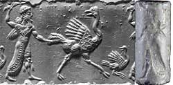 Fig. 3: A Winged Hero Pursuing Two Ostriches, cylinder seal and impression, Mesopotamia, Middle Assyrian period (ca. 1250–1150 BCE). Marble, 31 x 14 mm, Seal no. 606.