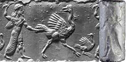 Fig. 3: A Winged Hero Pursuing Two Ostriches, cylinder seal and impression, Mesopotamia, Middle Assyrian period (ca. 1250–1150 BCE). Marble, 31 x 14 mm, Seal no. 606.  