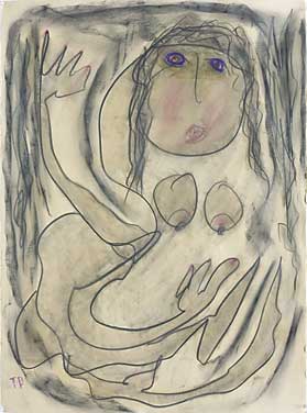 Thornton Dial (b. 1928)  Leaving the Shadows, 2008  Graphite, pastels, coffee on paper 30 x 28 inches  Courtesy, Outsider Folk Art Gallery  