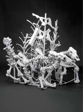 Thornton Dial (b. 1928)  Lost Cows, 2000–2001  Cow skeletons, steel, golf bag, golf ball,  mirrors, enamel, and Splash Zone compound.  98 x 101-1/2 x 20-1/2 in. Souls Grown Deep Foundation Courtesy, Indianapolis Museum of Art  