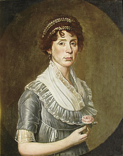 Fig. 7: William Jennys (1774–1859), Woman with Double Head Band, ca. 1805. Oil on canvas, 30 x 25 inches. Private collection.  This portrait is unusual as the arm is in front of the spandrel. It was among the few items that noted Connecticut antiques dealer Mary Allis retained until her passing.  