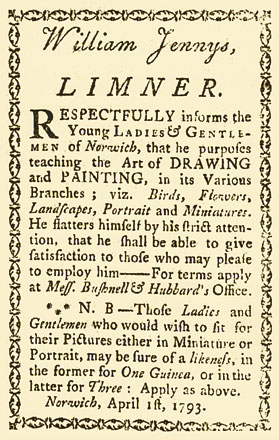 Fig. 8: Advertisement published in The Weekly Register, Norwich, Connecticut, April 1793.  This is the first advertisement by William Jennys that has been located.  