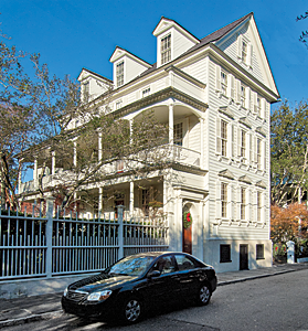 Fig. 8: The John Fullerton House, ca. 1772, a magnificent example of the Charleston single house, retains most of its Georgian exterior elements and interior finishes. The residence is accessed through the piazza to a central entry along the south elevation, which is typical of many Charleston houses. The preservation easement that HCF holds on this property protects both its exterior and interior. Photography by Rick McKee.