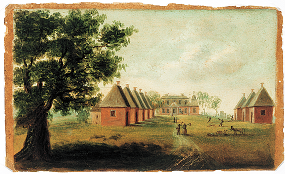 Fig. 12: Mulberry Plantation, also called “Mulberry Castle” by some romantics of the nineteenth century, was built by Thomas Broughton, a planter, Indian trader, soldier, and politician from a prominent British family. The plantation was modeled after Seaton, the Broughton family estate in England. The house was designed in the Jacobean baroque style, as seen in the large windows and the small pseudo-military towers. Also distinctive to the Mulberry Plantation are the corner pavilions and gambrel roof. The brick houses lining the “street,” now destroyed, once served as slave cabins. Coram also included details of plantation life, such as figures carrying tools and animals grazing.