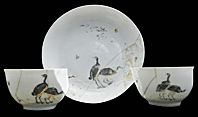 Fig. 12: Pair of porcelain tea bowls and a saucer, with matching overglazed decoration of a crane, mosquito, and floral motifs, mid-eighteenth century, Yongzheng period (ca. 1722–1750). Tea bowl rim: Diam. 2-3/4 in.; foot rim diam. 1-1/2, H. 1-3/4 in. Saucer rim: Diam. 4-1/2 in., foot rim diam. 2-3/4, H. 3/4 in. Courtesy, Drayton Hall, a historic site of the National Trust for Historic Preservation. Photography by Carter C. Hudgins. These rare examples were excavated with four additional matching tea bowls, saucers, and a waste bowl.