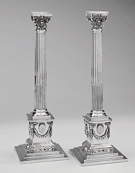 Fig. 3: Candlesticks (two of a set of eight), John Carter (active 1765–1780), London, England, 1771–1772. Silver, 14-1/2 x 4-3/4 x 4-3/4 in. Courtesy Middleton Place Foundation, Charleston, South Carolina. Photography by Rick Rhodes. Purchased in London by Arthur Middleton, signer of the Declaration of Independence, and his wife Mary Izard Middleton.  