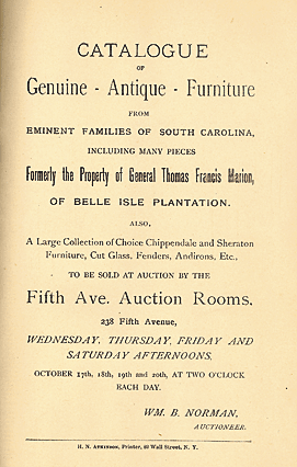 Title page, Catalogue of genuine Antique Furniture from eminent families of South Carolina, Fifth Avenue Auction Rooms in New York City, 1894. Courtesy, The Charleston Museum. 