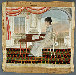 Attributed to Emma Louisa Lanneau Gildersleeve (American, 1804–1859). Embroidery, Charleston, S.C., ca. 1820/25. Silk. 22 x 24 inches. Stitched top middle: Gildersleeve (in cross-stitch); signed back top right: “T” (in ink). Courtesy, the Rivers Collection, Charleston, S.C. Photography by Russell Buskirk. This rare needlework is the only known silkwork with this type of scene made in Charleston; the majority of others depict biblical, mythological, or classical subjects. 