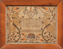 Fig. 1: Fraktur for Anna Maria Schmitt, Christian Mertel, circa 1800. Watercolor on paper, 12 x 15 inches. Courtesy, Dietrich American Foundation.