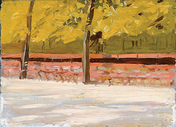 Fig. 9: Edward Hopper (1882–1967), Park Benches and Trees, 1907. Oil on wood, 9-3/4 x 13 inches. Whitney Museum of American Art, New York; Josephine N. Hopper Bequest (70.1300). Photography by Sheldan C. Collins. © Heirs of Josephine N. Hopper, licensed by the Whitney Museum of American Art, New York.  